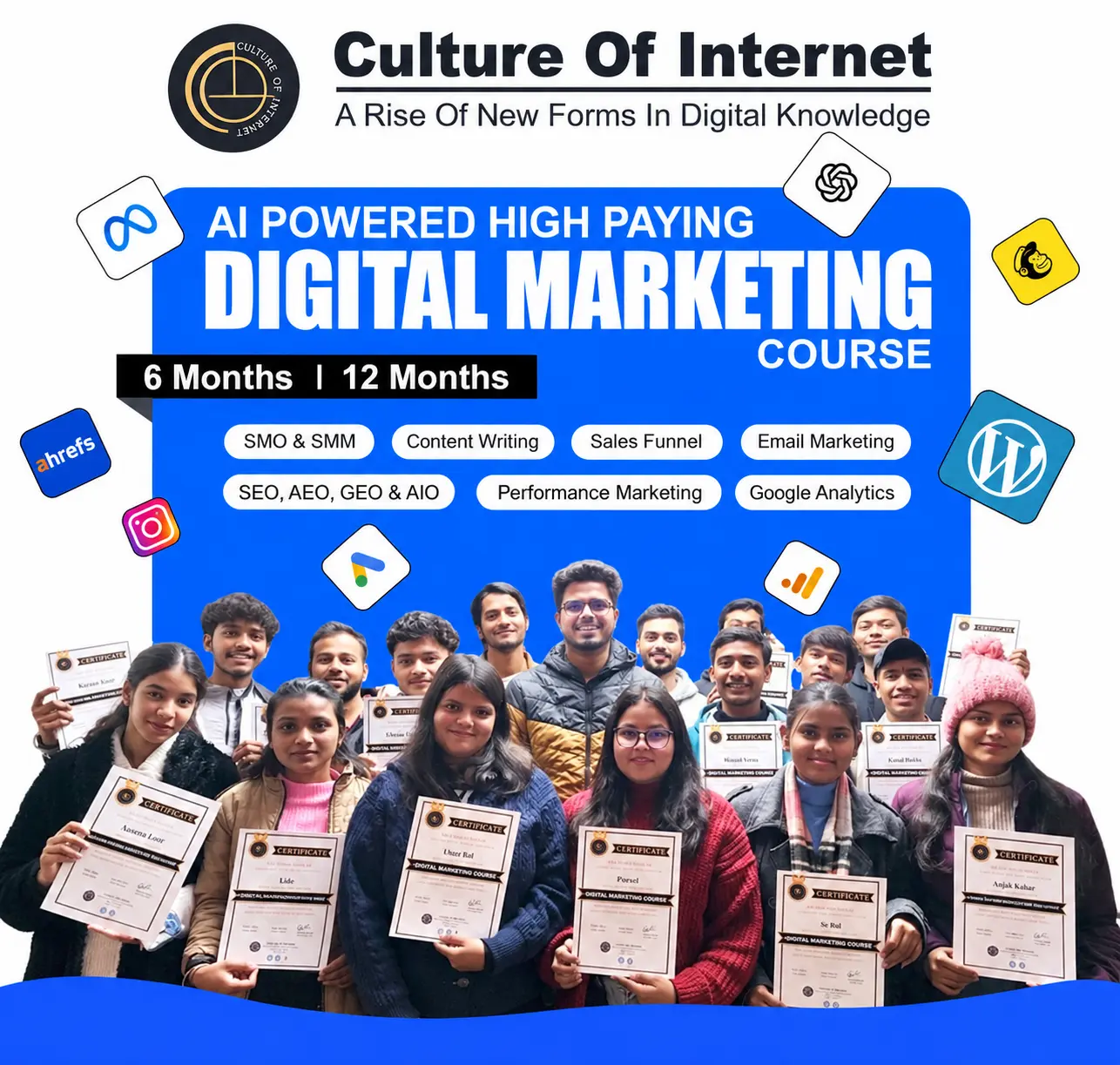 Culture of Internet digital marketing students with course certificates in Delhi