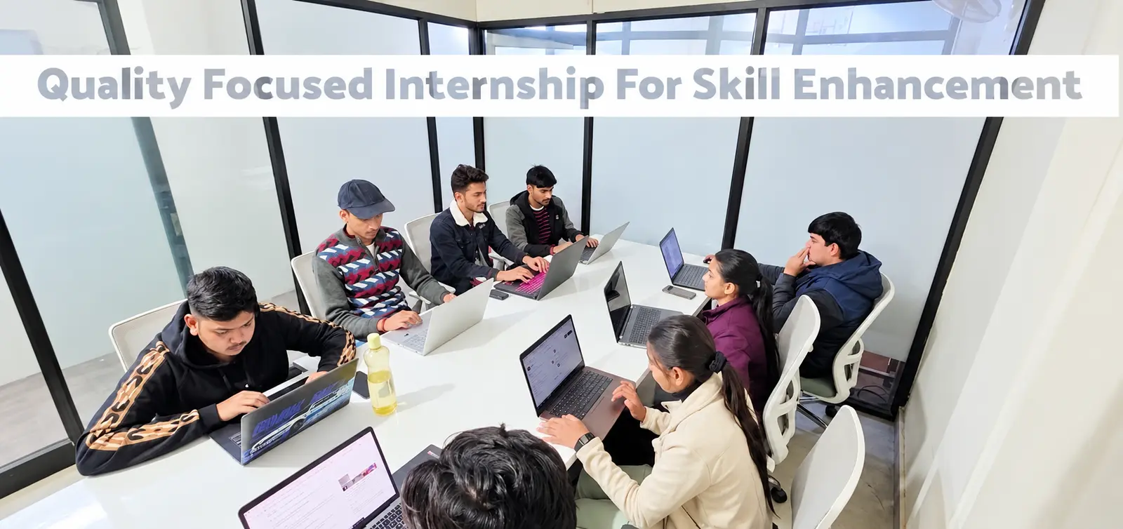 Culture of Internet students completing practical internship work on laptops